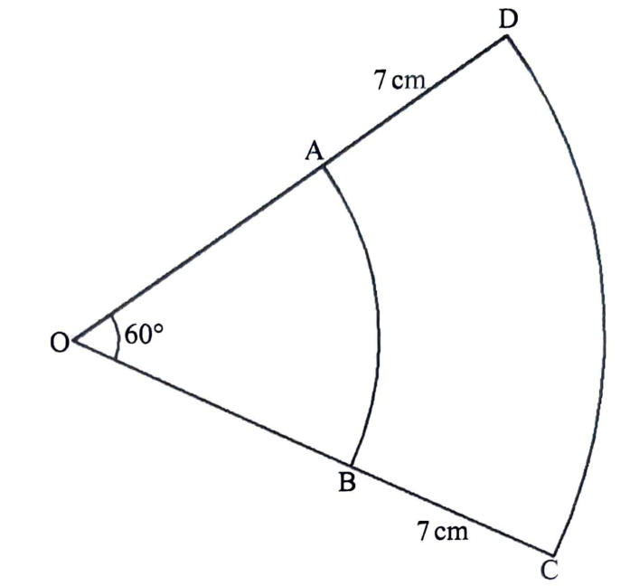 Two concentric arcs: AB (inner) and DC (outer), centre O, angle AOB = 60°, with AD = BC = 7 cm.