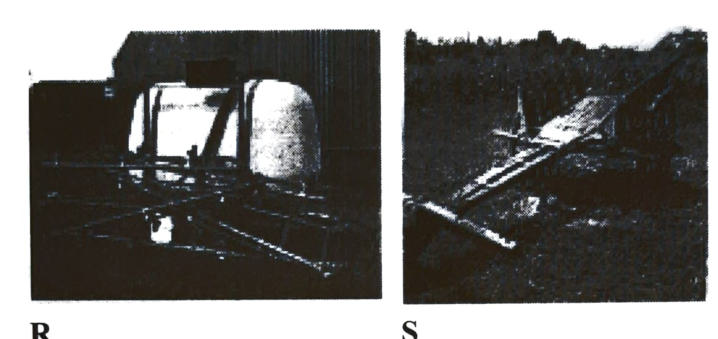 Photograph R: a tractor-mounted boom sprayer with a large tank. Photograph S: a plough-like implement with a long beam lying in a field.