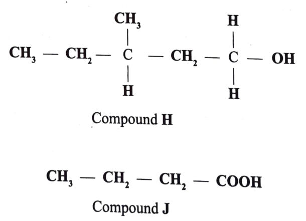 Compound H: CH₃–CH₂–CH(CH₃)–CH₂–CH₂–OH. Compound J: CH₃–CH₂–CH₂–COOH.