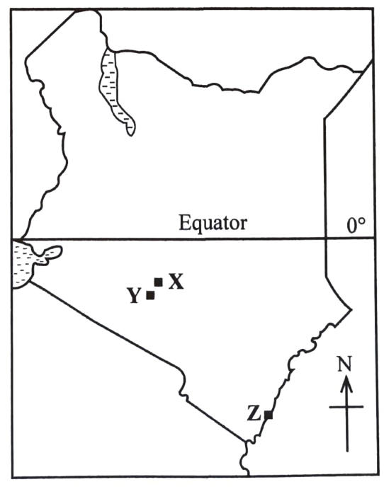 Outline map of Kenya: X and Y close together just south of the equator in central Kenya; Z on the coast.