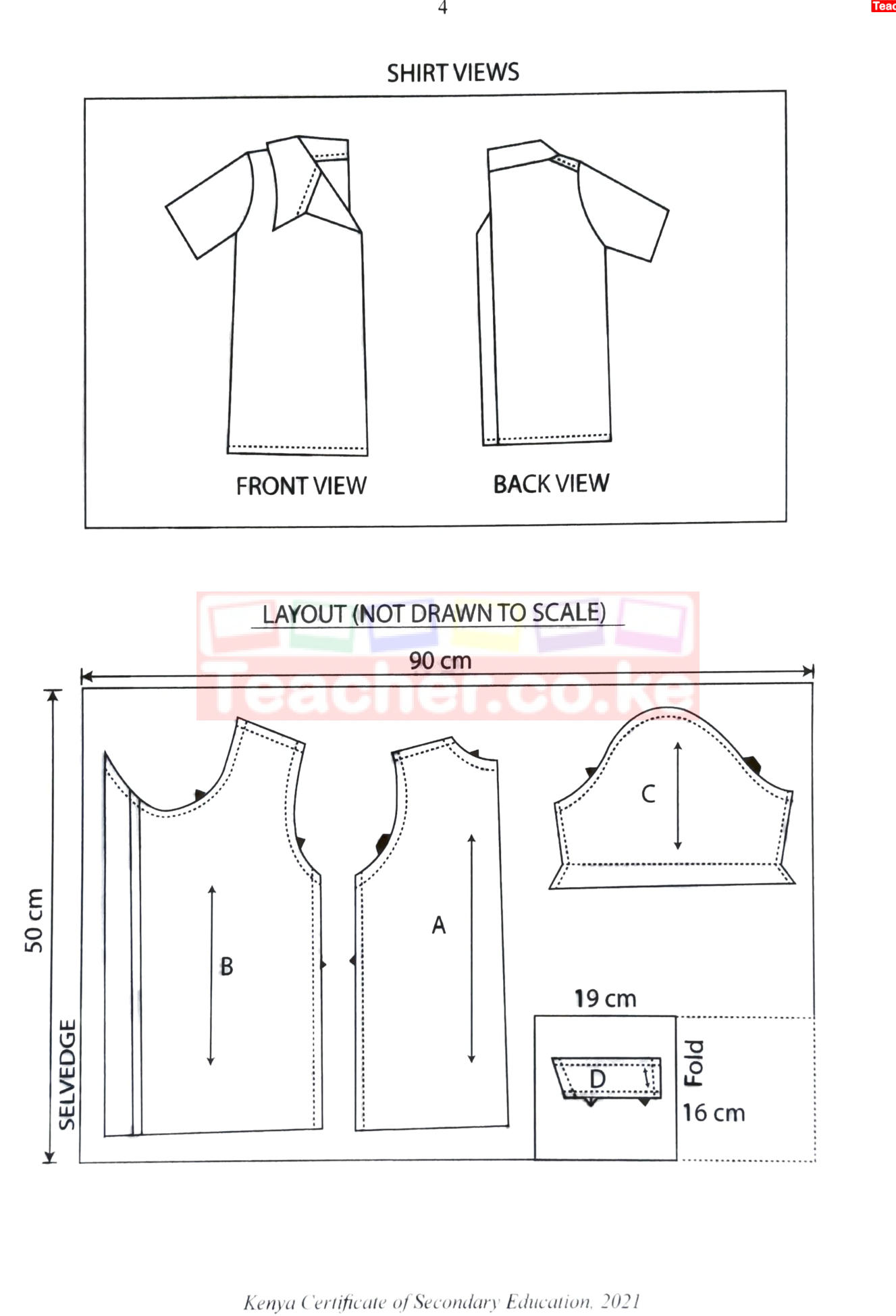 Shirt views (back and front) and the layout of pattern pieces A, B, C and D on the 90 cm wide fabric.