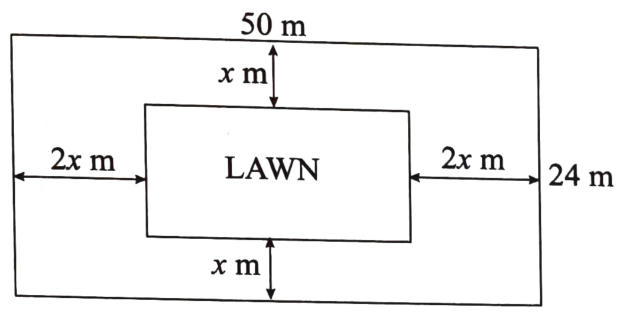 A 50 m by 24 m plot with a rectangular lawn inside; the path is x m wide along the lengths and 2x m wide along the widths.