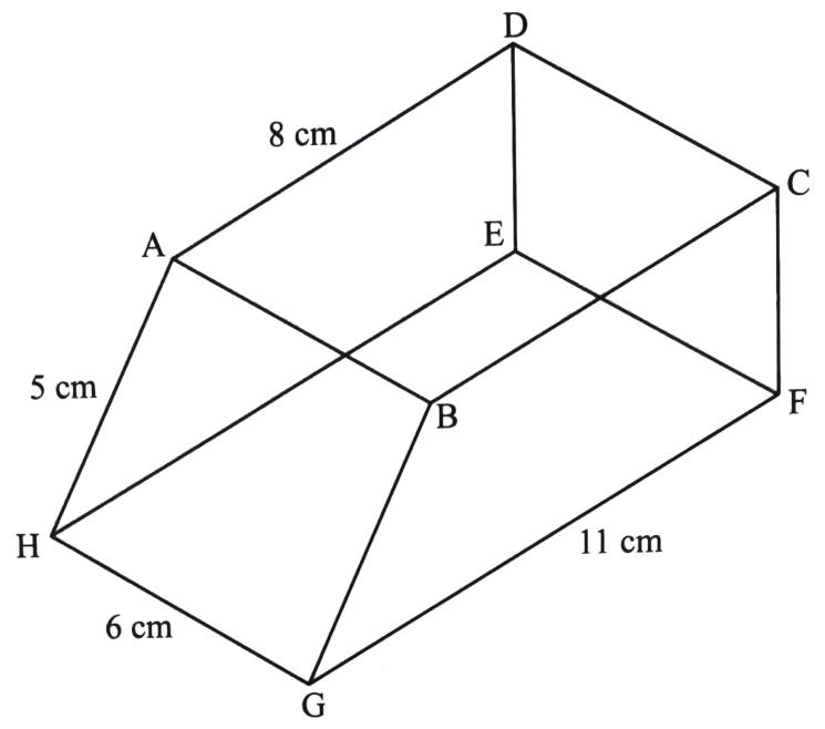 Prism ABCDEFGH: base GFEH with GF = 11 cm and HG = 6 cm; top edge AD = 8 cm; sloping face ABGH with AH = 5 cm; vertical faces at the C/F end.