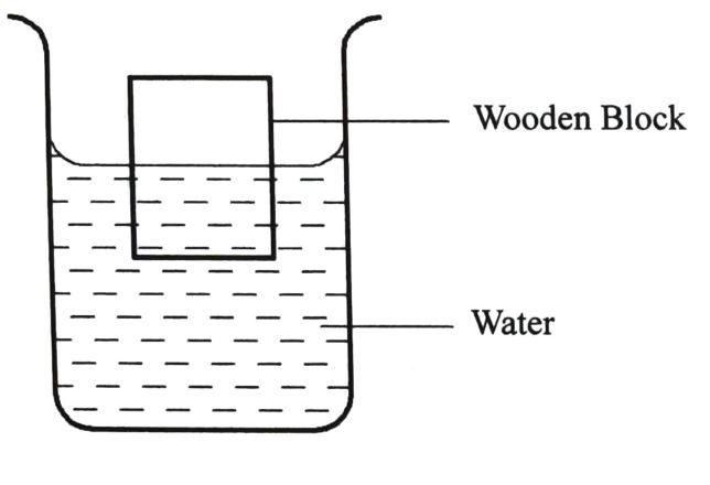 Figure 10: a wooden block floating upright in a beaker of water.