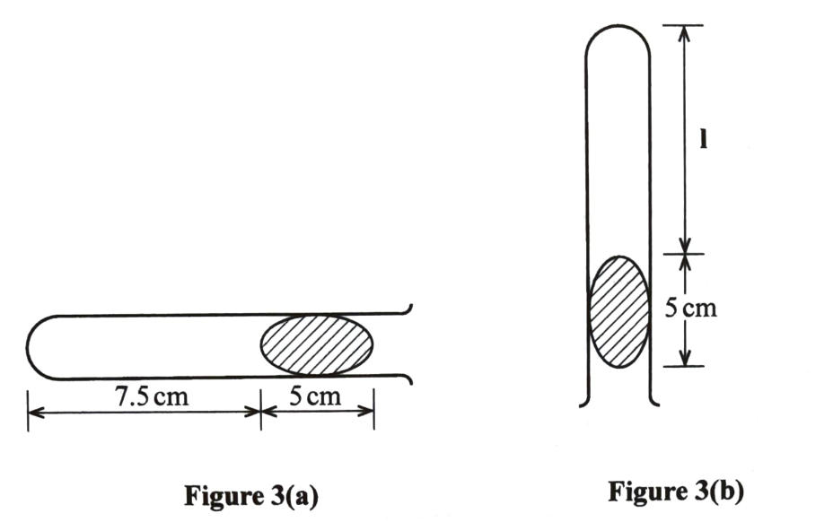 Figure 3(a): horizontal tube with 7.5 cm of air trapped by 5 cm of mercury. Figure 3(b): the tube held vertically, mouth down, with an air column of length l above the 5 cm mercury thread.