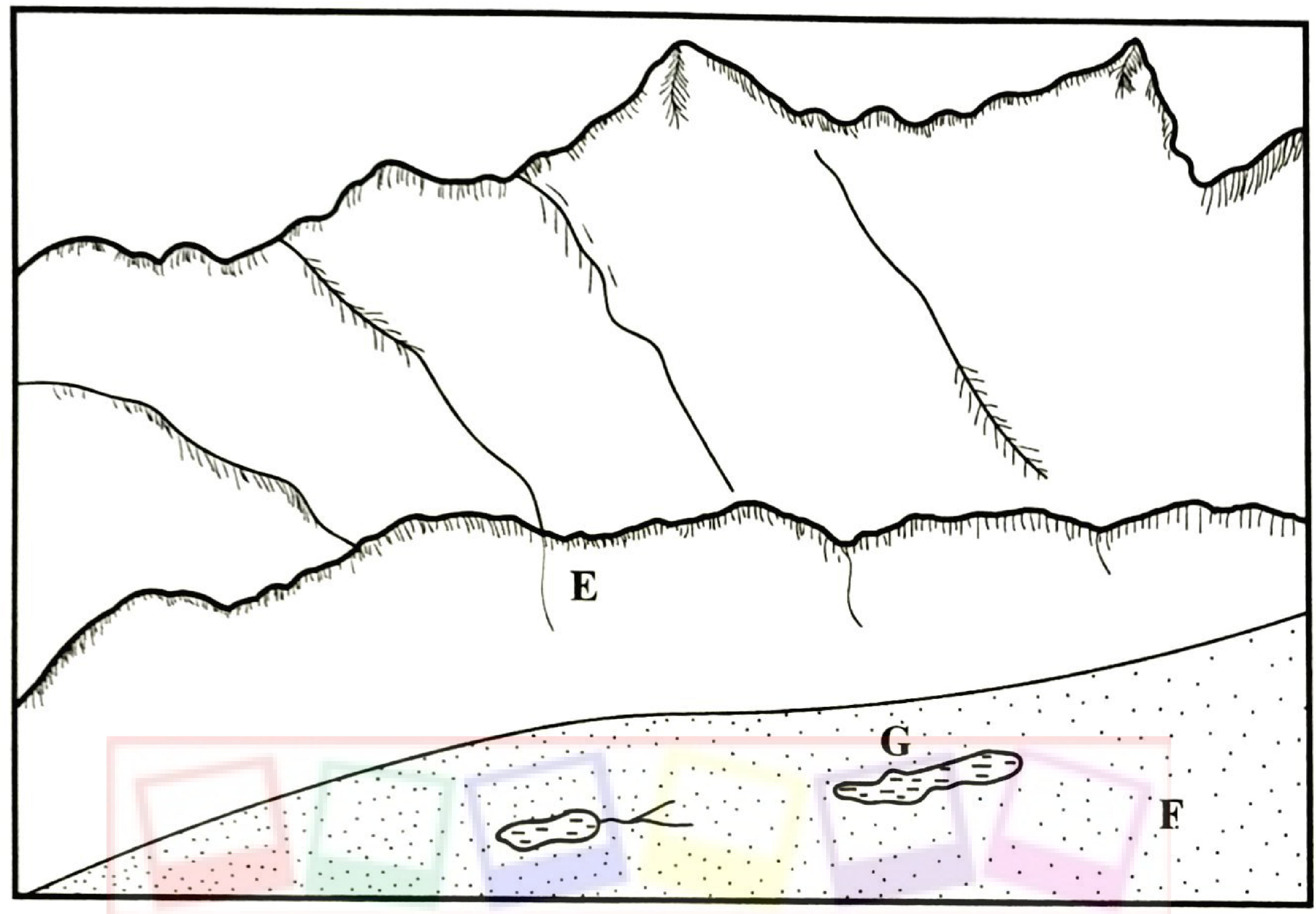 Upland glaciated landscape: steep valley sides and peaks; E marks the mouth of a side valley high above the main valley floor; F marks the flat floor of the main valley with deposits; G marks elongated lakes on the valley floor.
