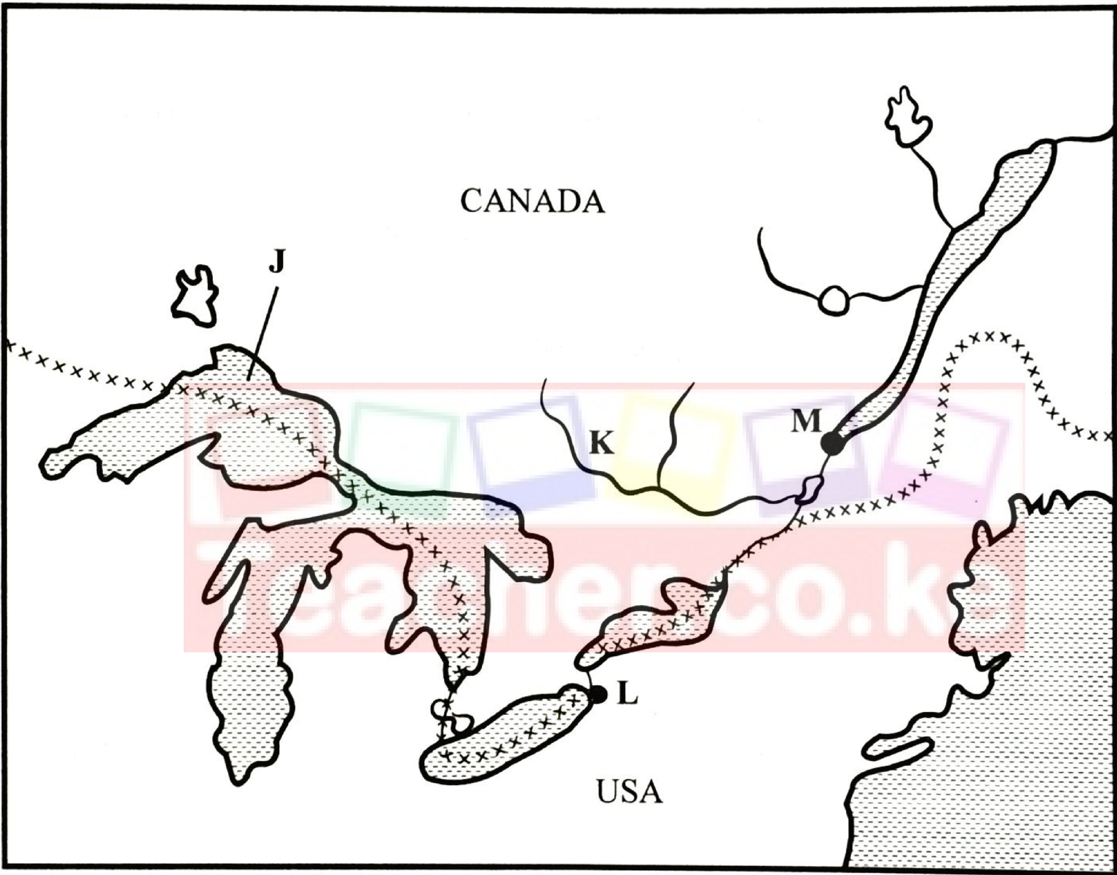 Sketch map of the Great Lakes and St. Lawrence Seaway: J is the largest, north-western lake; K is a river joining the St. Lawrence from the north-west; M is a port where that river joins the St. Lawrence; L is a port at the eastern end of the southern lake; the Canada–USA border is marked.