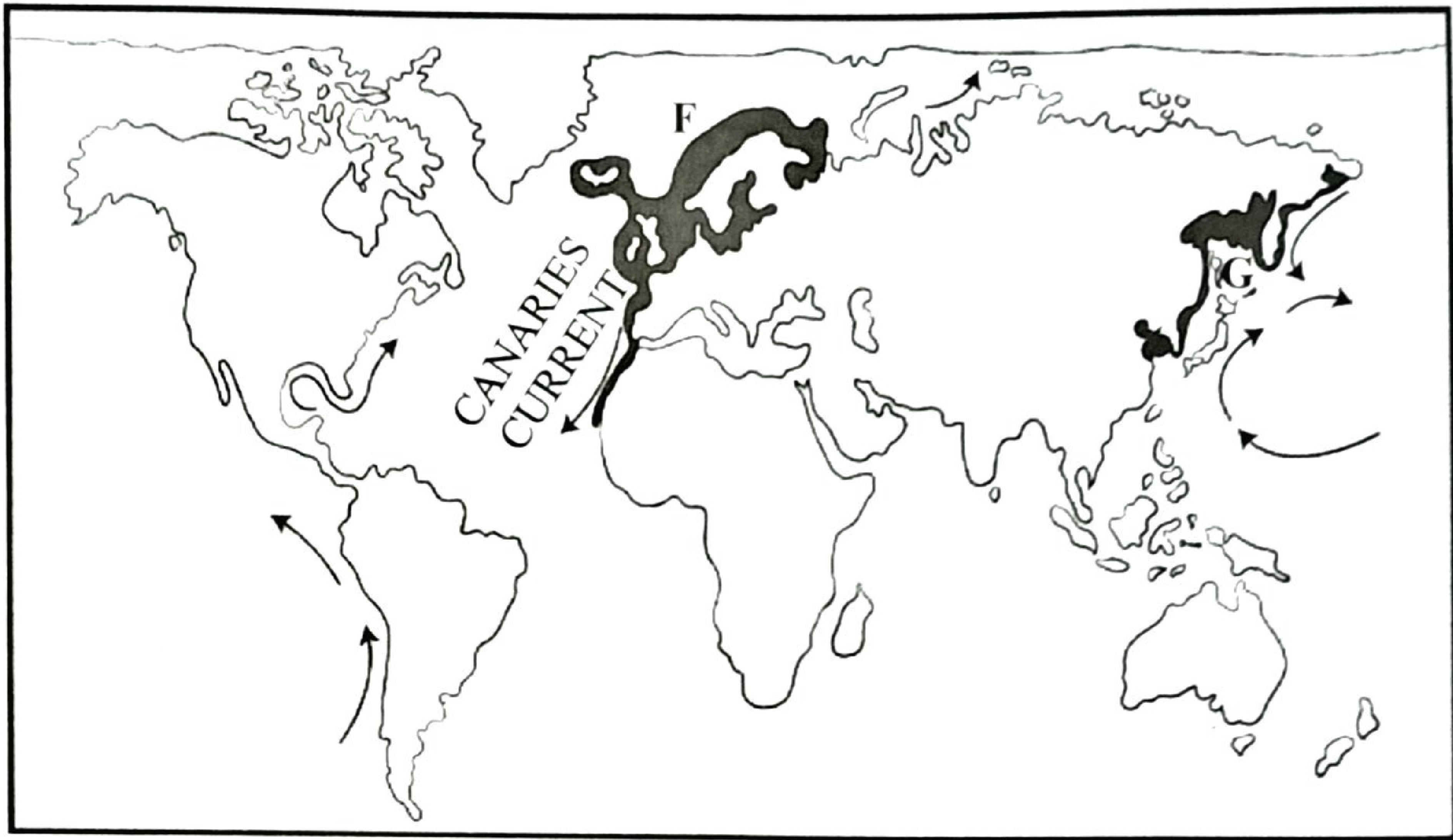 World map with two shaded fishing grounds: F in the North-East Atlantic (around the British Isles/North Sea, with the Canaries current marked), and G in the North-West Pacific around Japan.