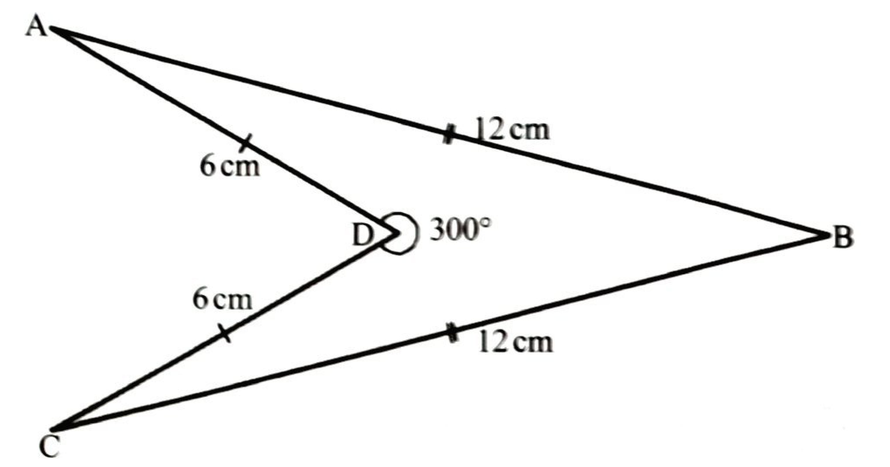 Arrowhead-shaped quadrilateral: A at top left and C at bottom left, B at the far right; D lies between them near the middle with the reflex angle ADC = 300° marked; AD = CD = 6 cm, BA = BC = 12 cm.