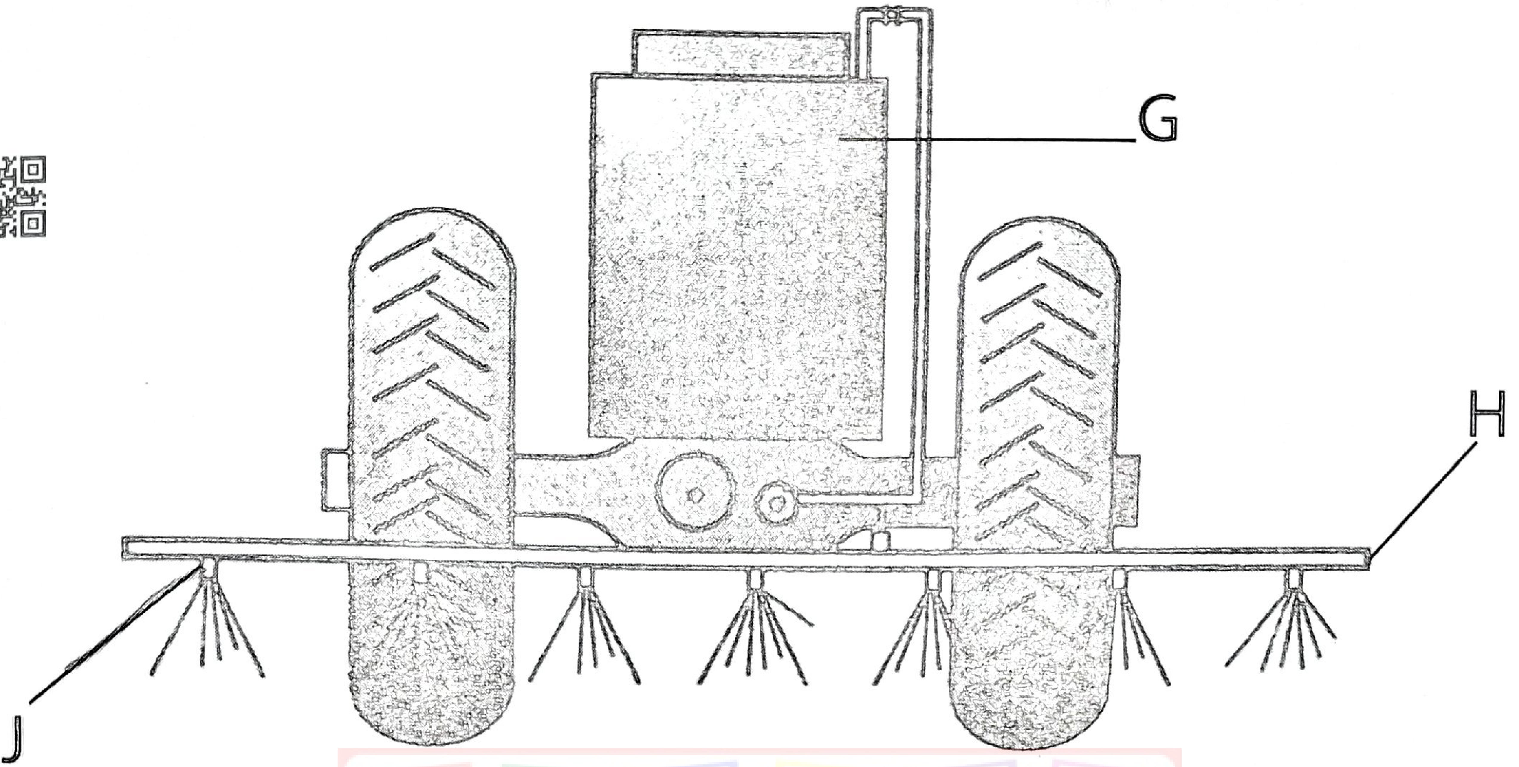 Tractor-drawn implement on two wheels with a large tank (G) on top, a pump, and a long horizontal bar (H) carrying a row of downward-spraying nozzles (J).