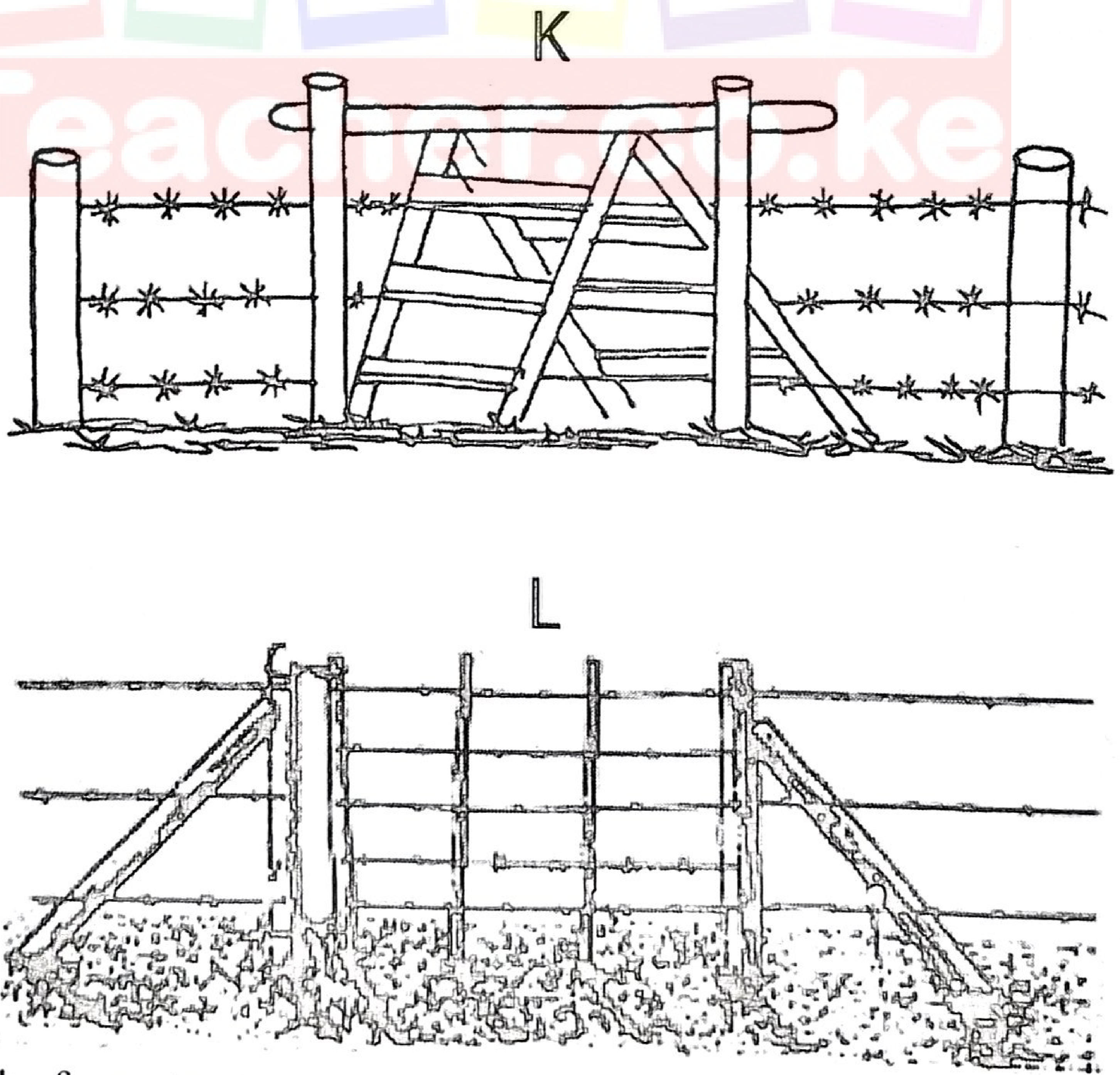 K: a wooden structure with steps built over a barbed wire fence; L: an opening in a barbed wire fence closed with a frame of posts and wires, braced on each side.