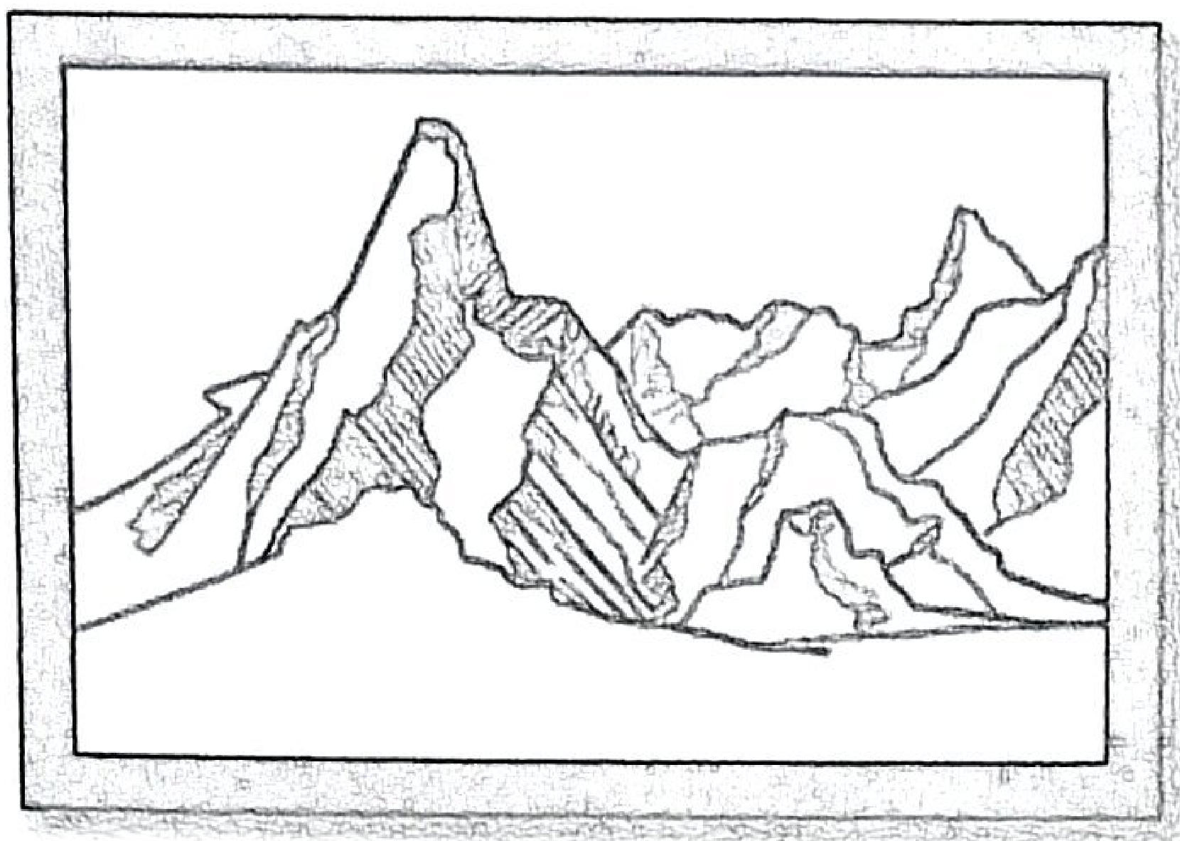 Line drawing of jagged mountain peaks with hatched shading, in a frame.