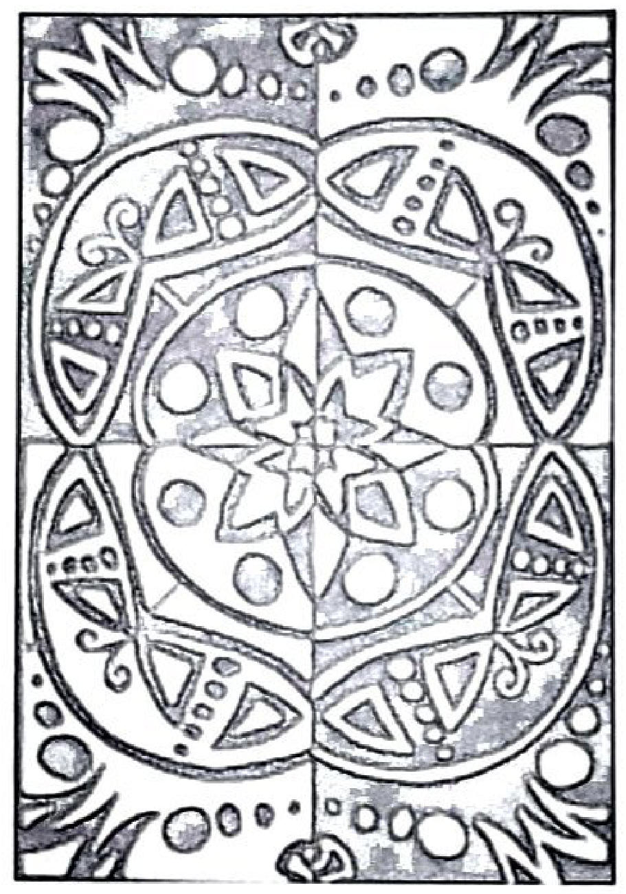 Decorative panel with a central circular motif and mirrored patterns in the four quarters.