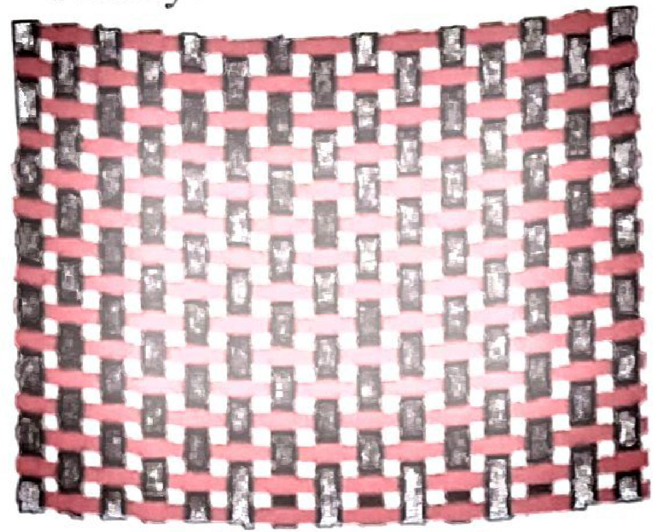 Plain-woven sample with the weft rows unevenly packed and the edges pulled in (narrowing).