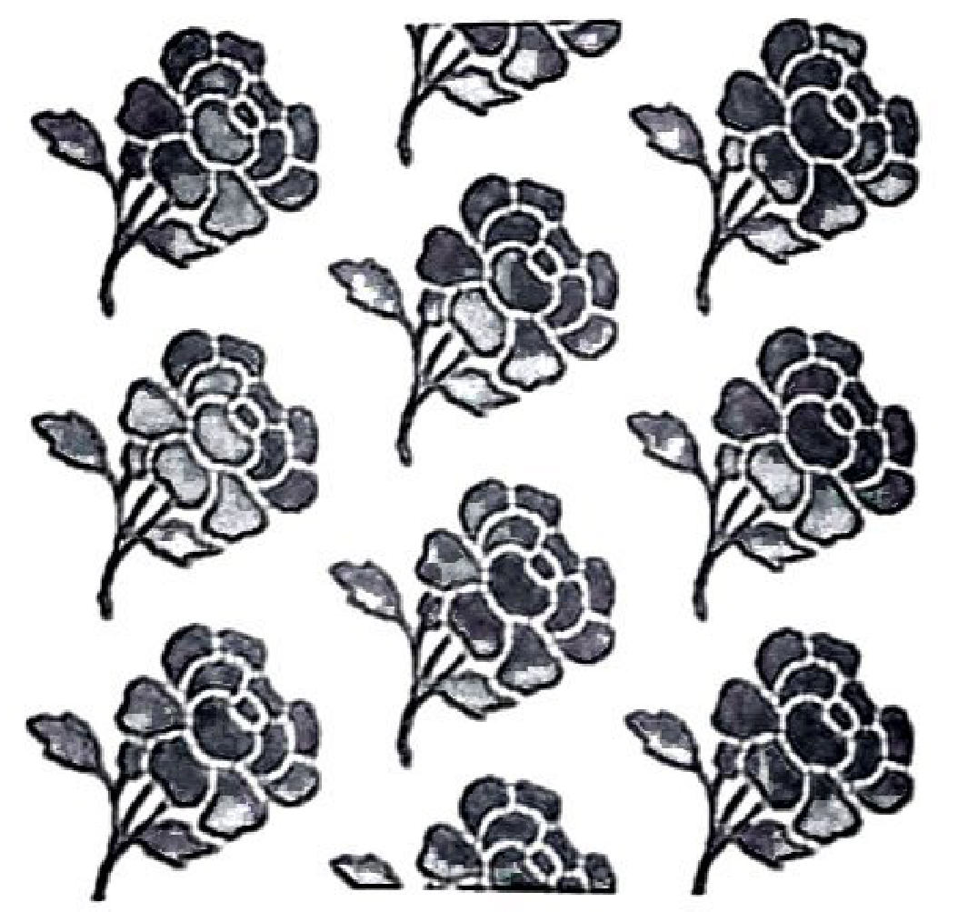 Rose motif repeated in three columns; the middle column is shifted down by half a motif.