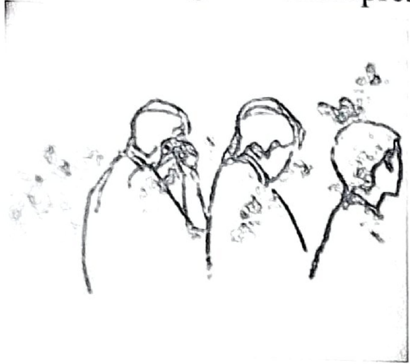 Monoprint of three human figures drawn in line with smudged textured marks.
