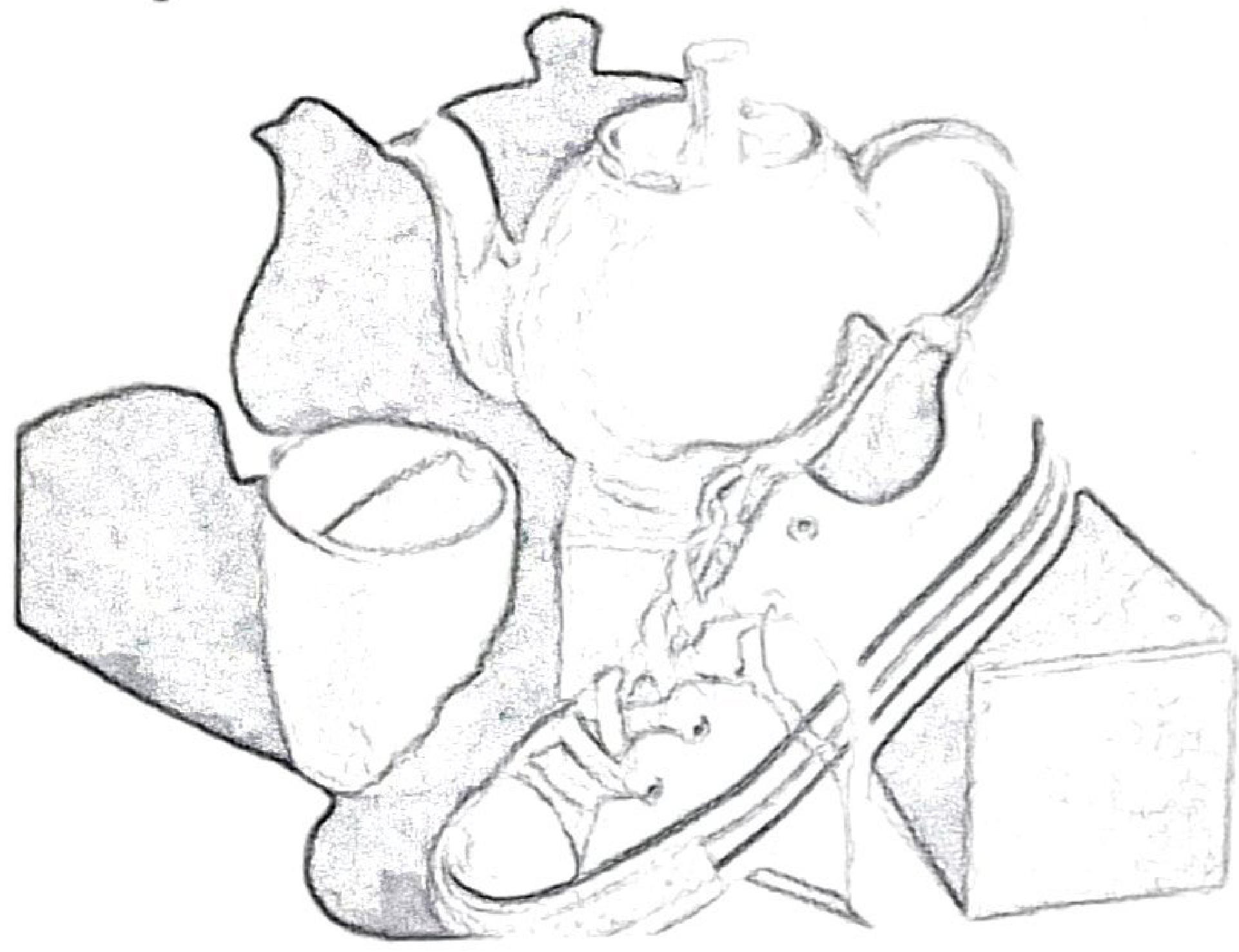 Shaded pencil still life: a teapot, a jug, a cup, a canvas shoe and a cube arranged together.