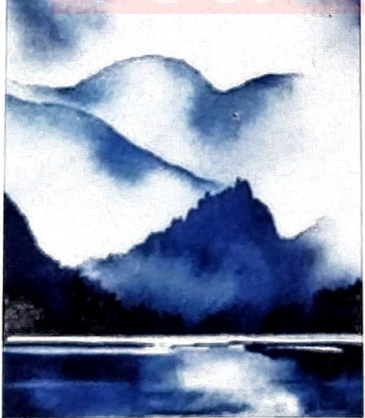 Blue monochrome watercolour landscape: soft blended mountains and sky with a lake reflecting the hills.
