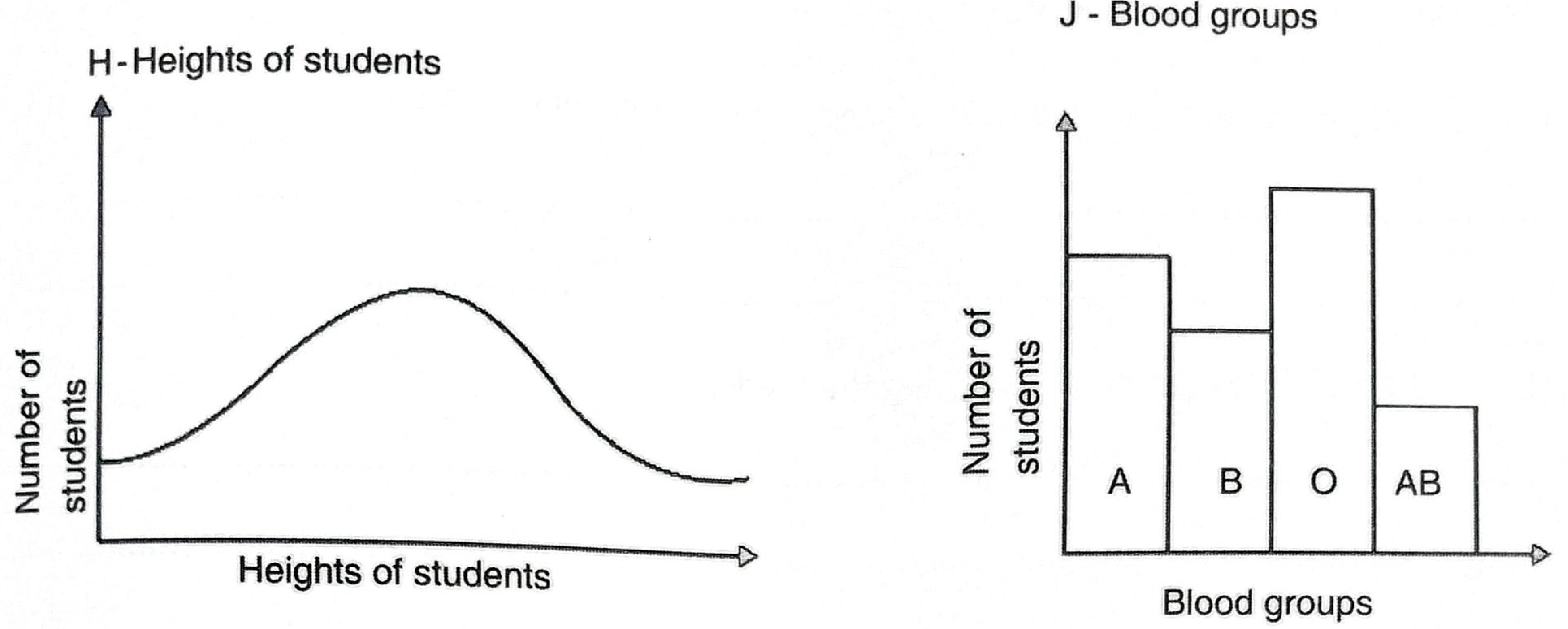 Graph H: number of students against height — a smooth bell-shaped curve. Graph J: bar chart of number of students for blood groups A, B, O and AB, with O the tallest bar and AB the shortest.