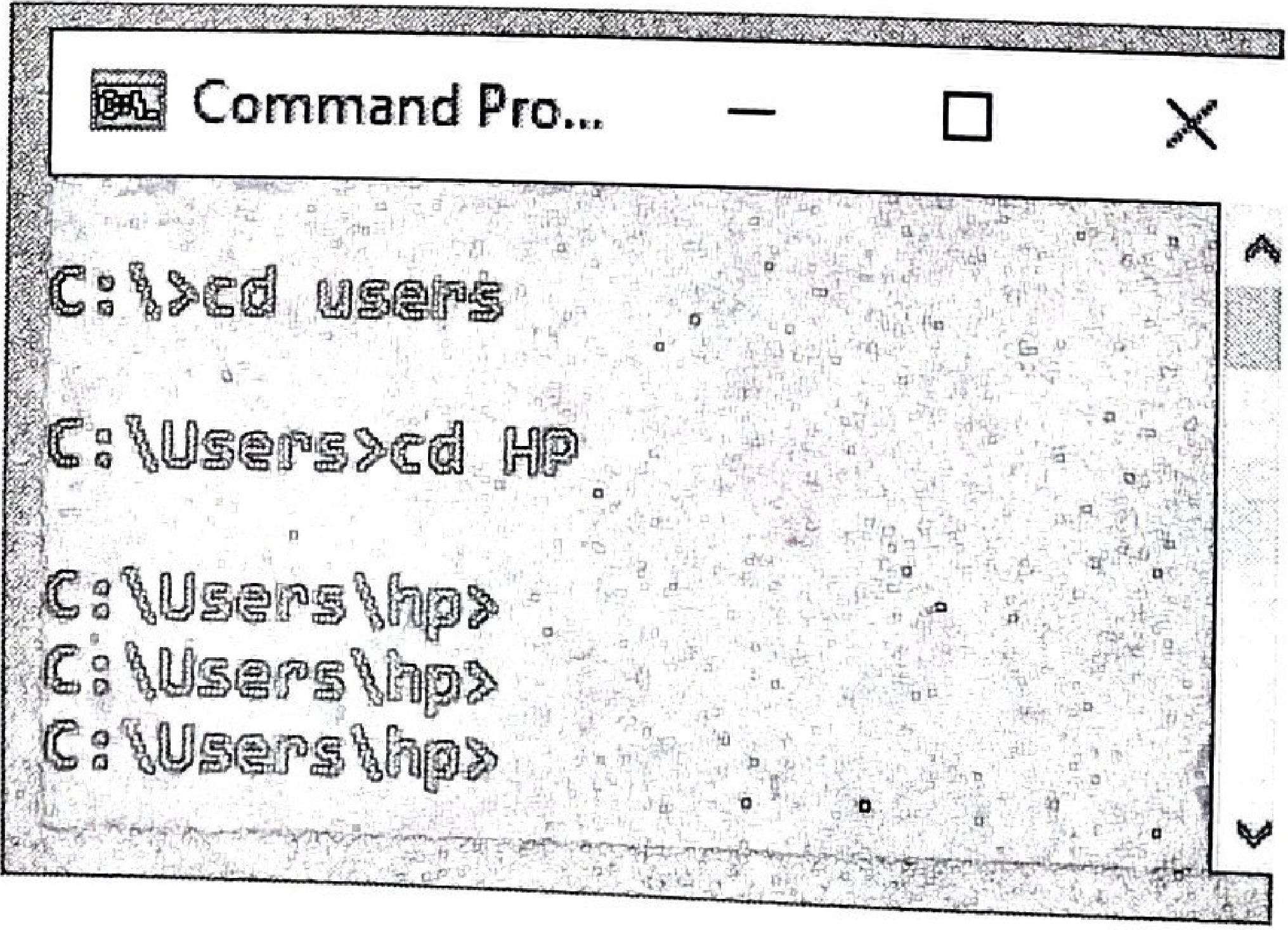 Figure 1: a Command Prompt window showing commands such as C:\>cd users and C:\Users>cd HP.