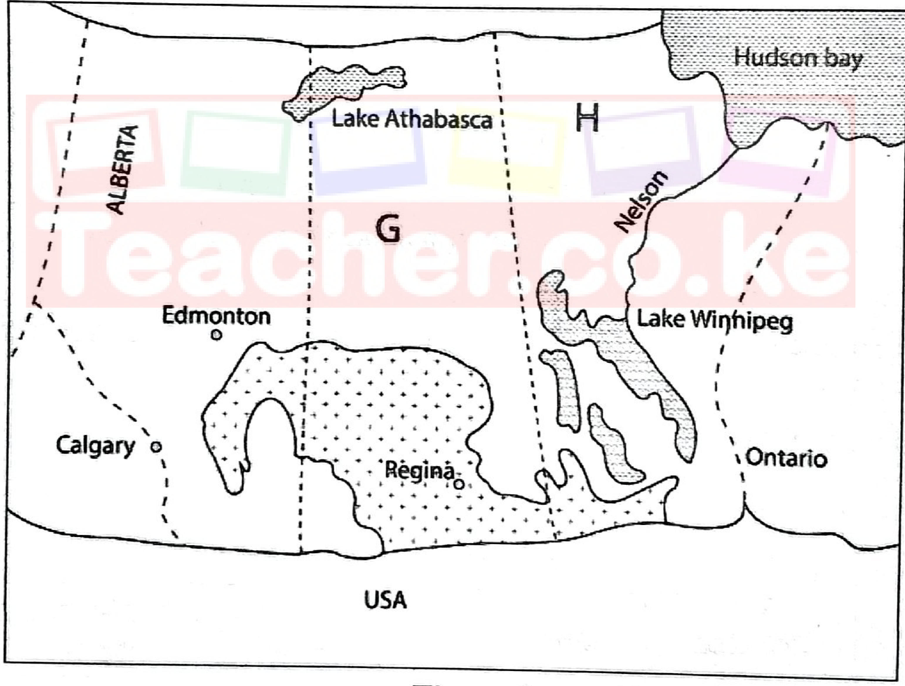 Figure 1: map of the Canadian prairies — Alberta on the left, province G (with Lake Athabasca and Regina) in the middle and province H (with Lake Winnipeg and the Nelson River) on the right, Hudson Bay to the north-east, Ontario to the east and the USA to the south; the wheat belt is dotted across the south.