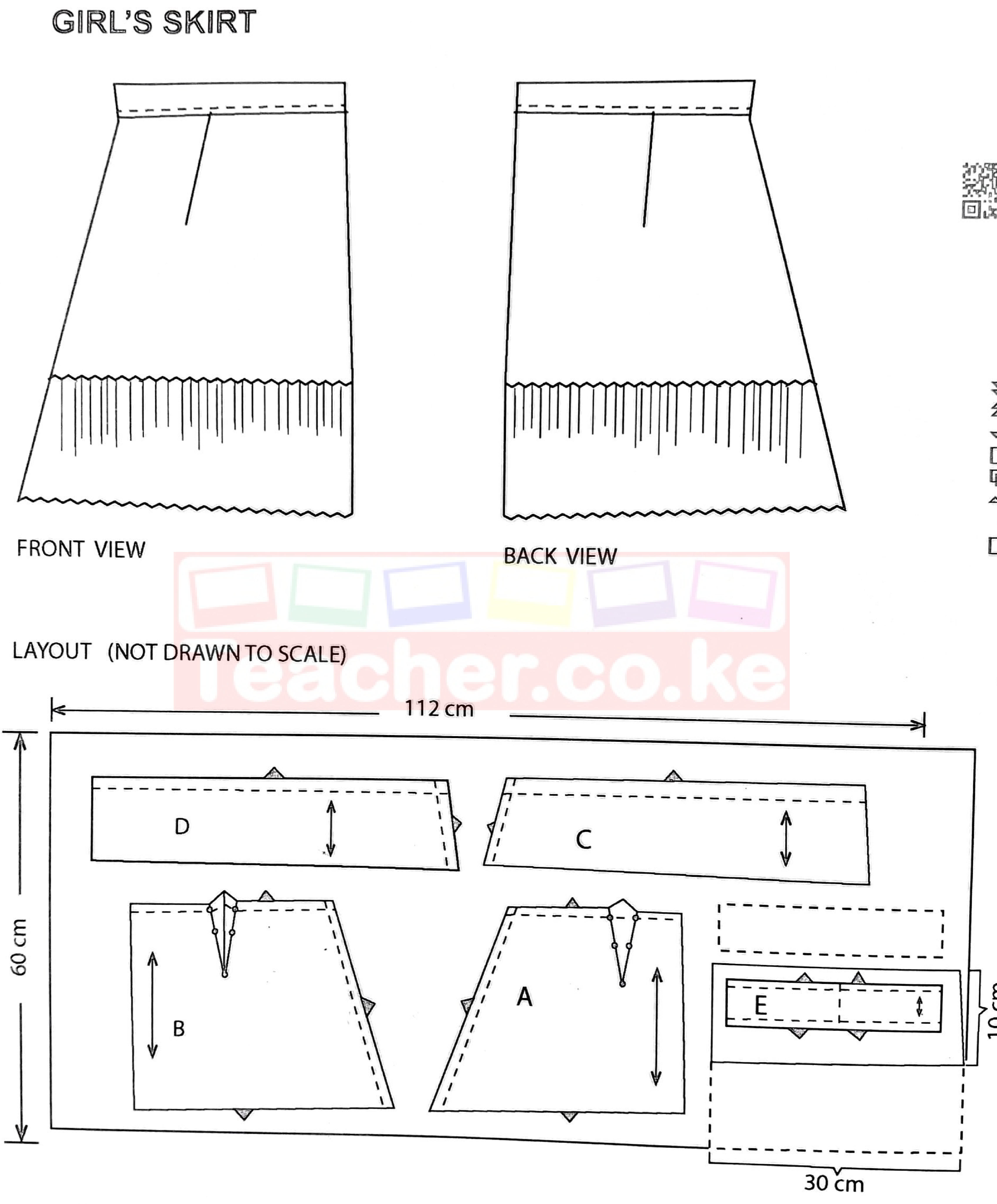 Sketches of the girl's skirt (front and back views): a flared skirt with a waistband, one dart on each of front and back, and a gathered frill at the hem; layout (not to scale) on fabric 112 cm by 60 cm with frill pieces D and C across the top, skirt back B and front A below, and waistband E placed on a 30 cm by 10 cm section.