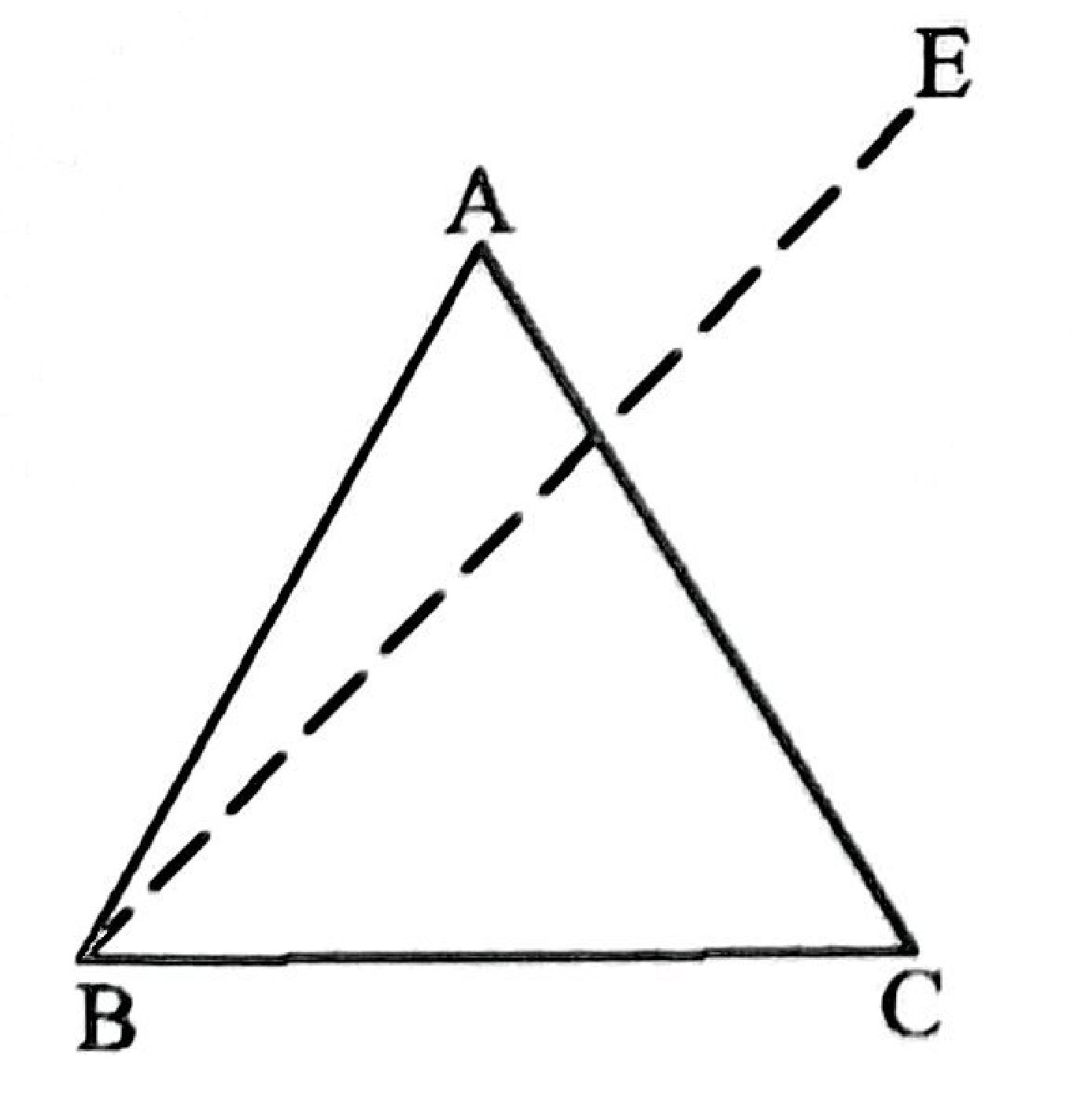 Triangle ABC with a dashed edge BE going up and to the right from B, behind the triangle.