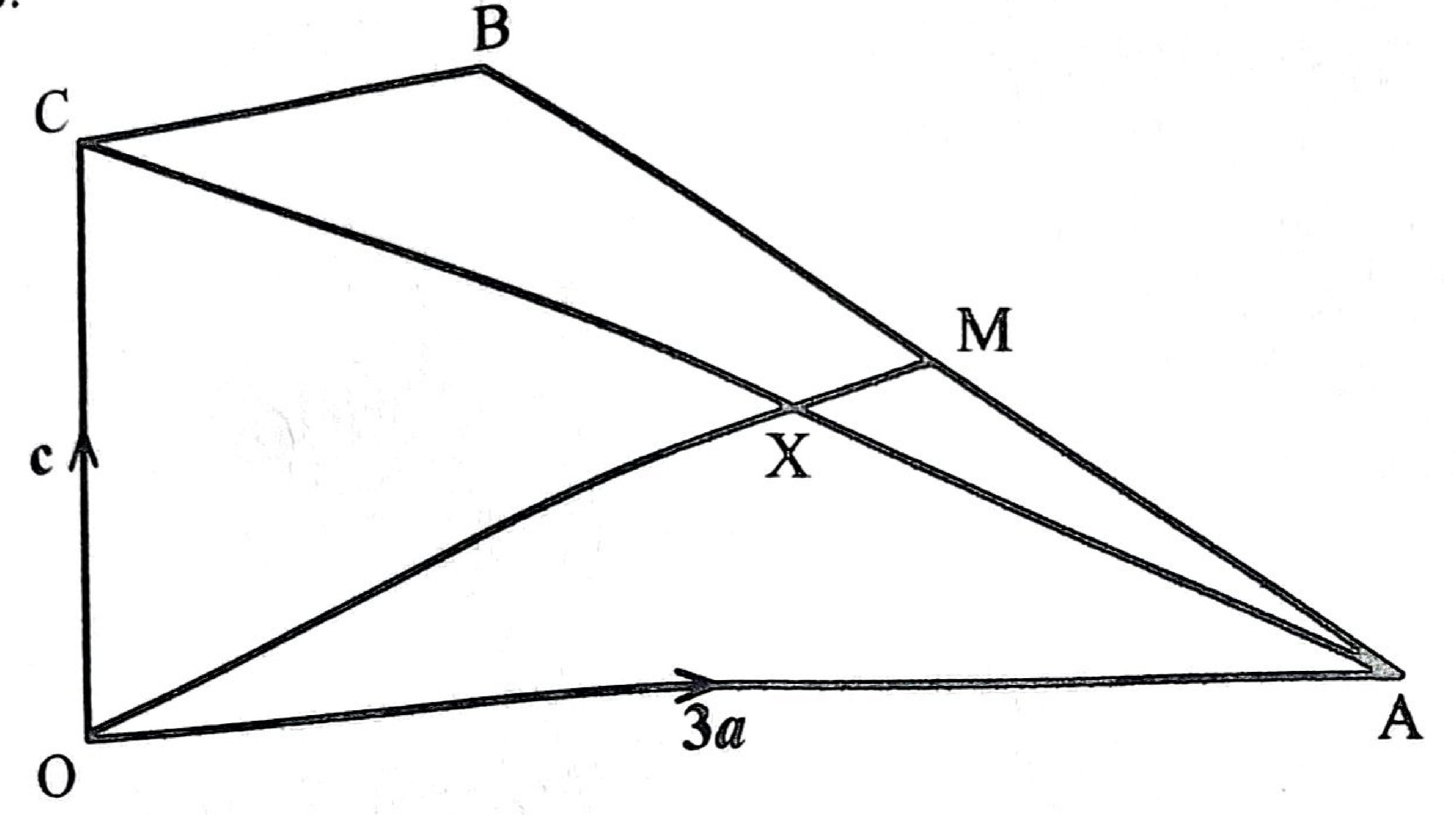 Trapezium OABC with OA = 3a along the bottom, OC = c upwards, CB along the top; M is the midpoint of AB; OM and AC cross at X.