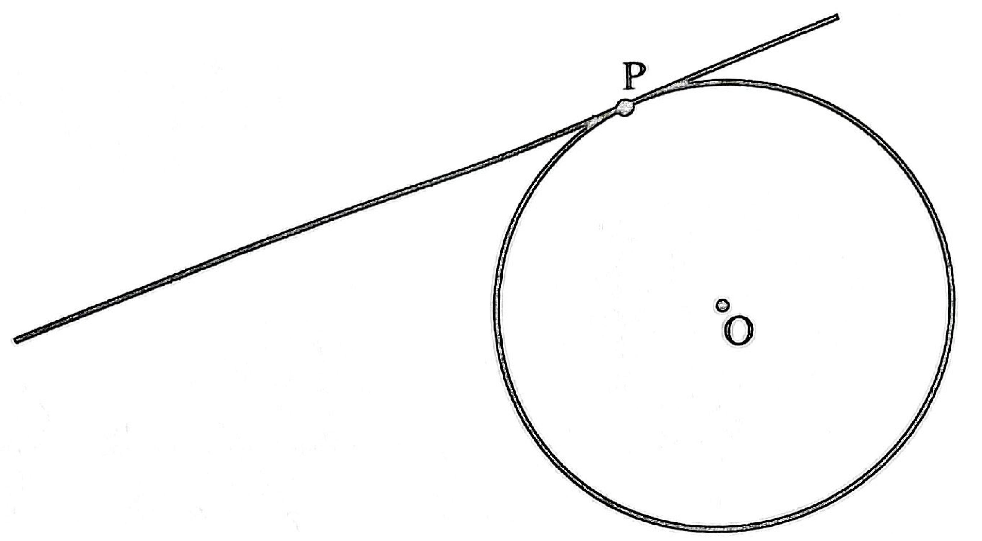 Circle with centre O and a tangent touching it at P, extending down to the left.