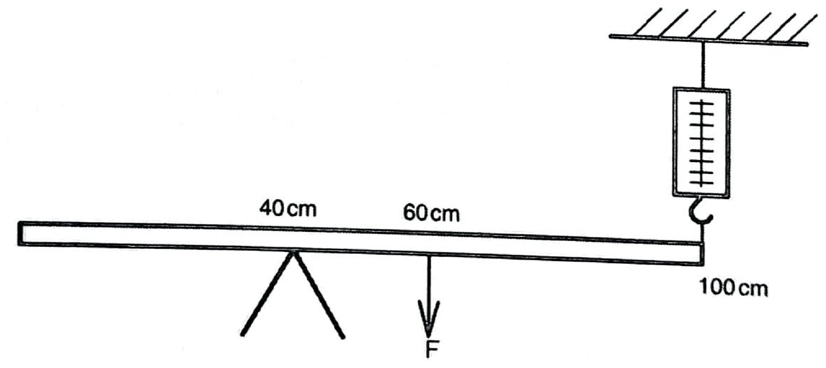 Figure 1: metre rule pivoted at the 40 cm mark, a downward force F at the 60 cm mark and a spring balance pulling up at the 100 cm mark.