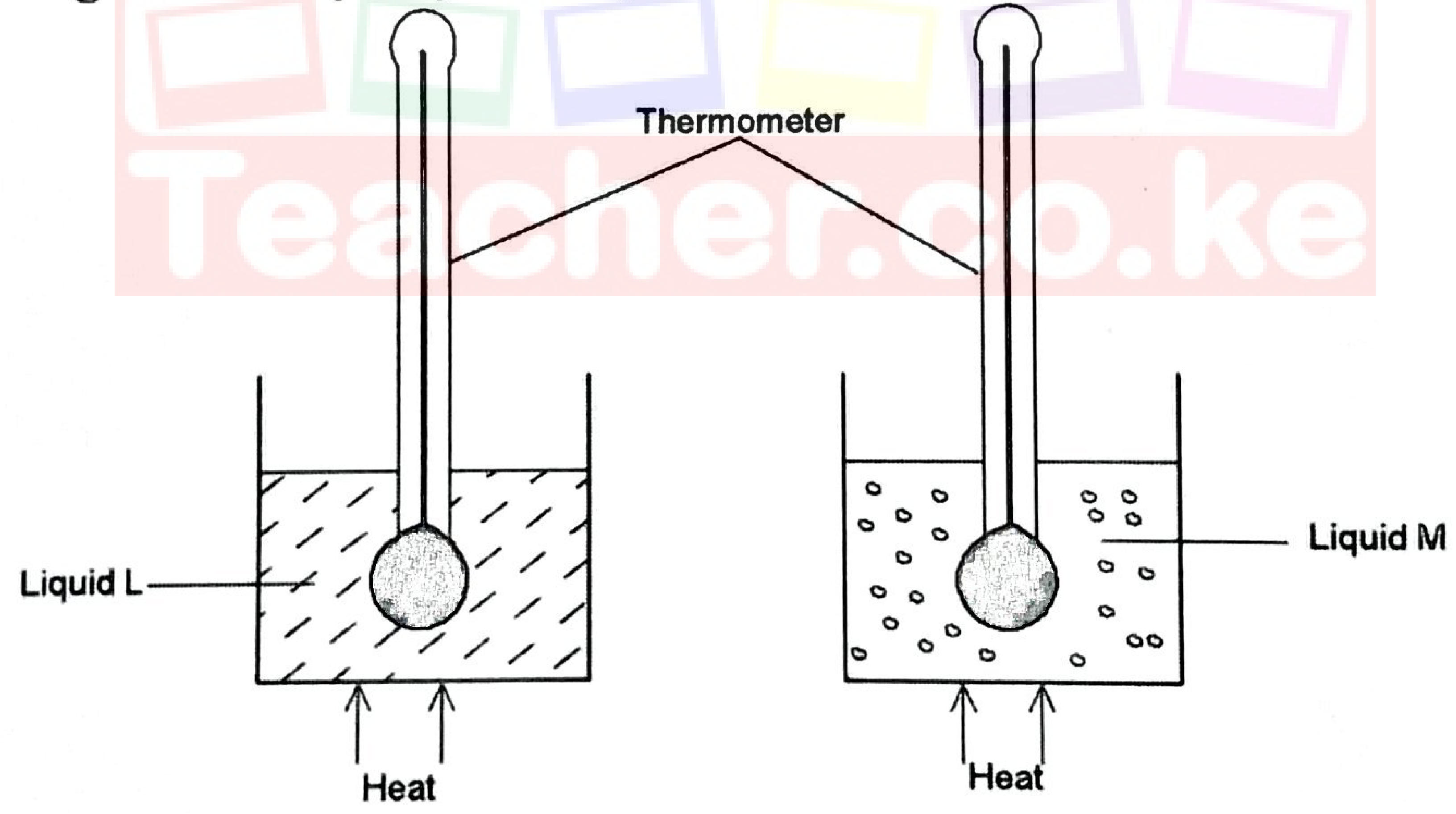 Figure 11: two identical containers, one with liquid L and one with liquid M, each with a thermometer, heated from below.