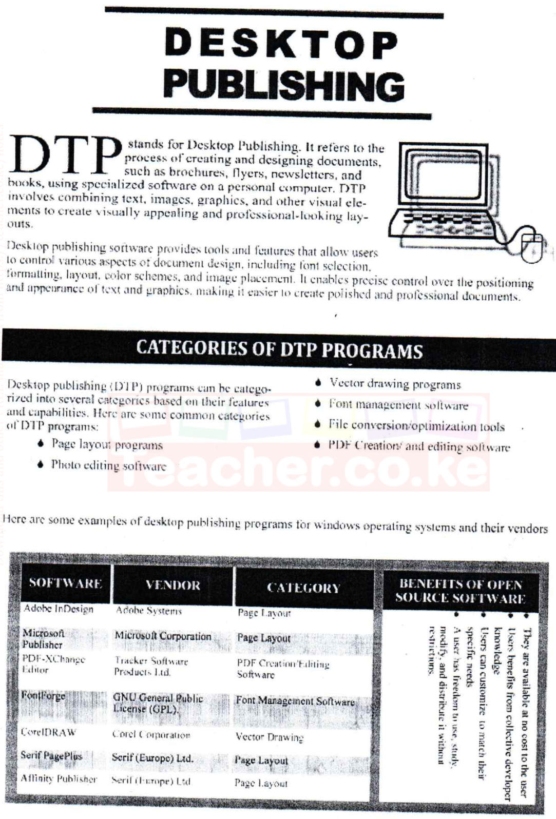 The publication to reproduce: a 'DESKTOP PUBLISHING' banner, a paragraph starting with a large drop-cap 'DTP' beside a picture of a computer, a second paragraph, a 'CATEGORIES OF DTP PROGRAMS' heading bar, a two-column bulleted list of program categories, and a table of software, vendor and category with a rotated 'Benefits of open source software' column.