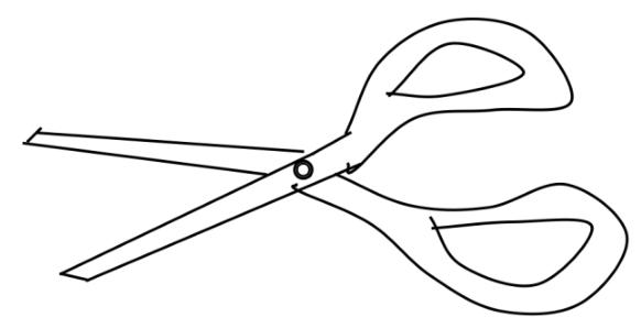 A pair of open scissors with the pivot between the blades and the handles.
