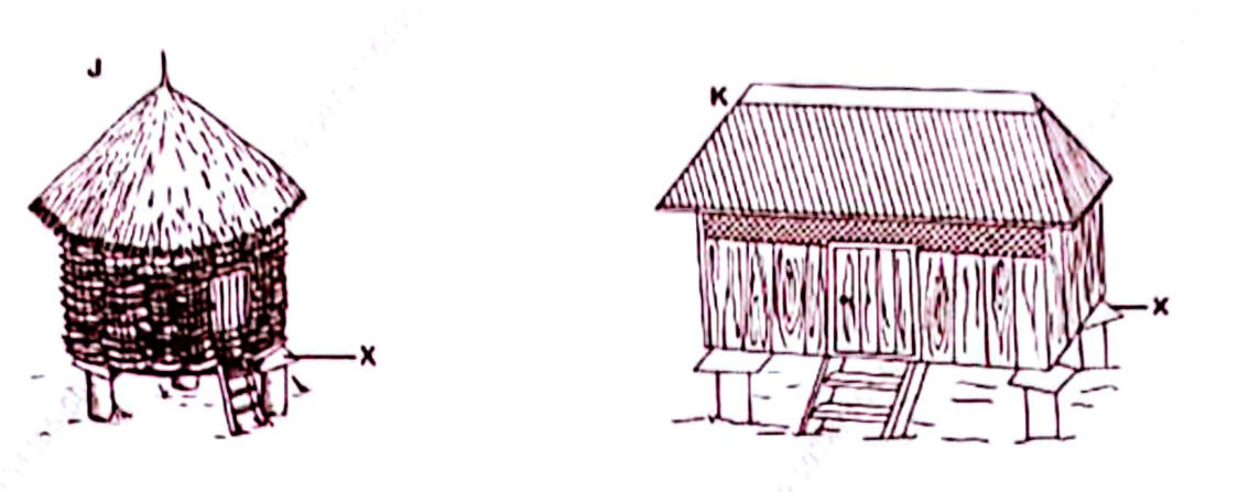 J: a round thatched granary on raised legs; K: a rectangular raised crib/store with a roof and steps; X marks the rat guards on the stilts.
