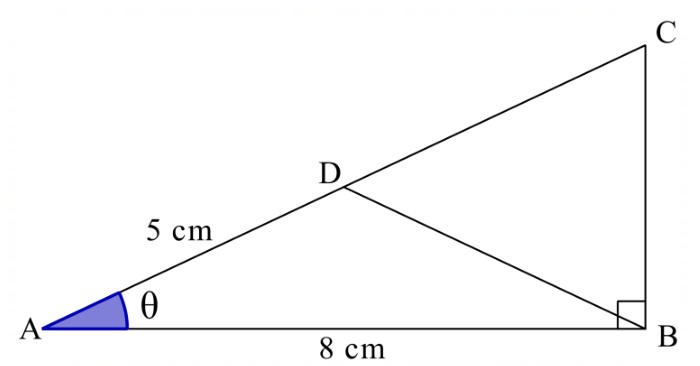 Right-angled triangle ABC with the right angle at B, AB = 8 cm; D on AC with AD = 5 cm; angle θ at A.
