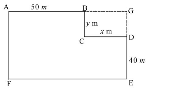 Rectangle AGEF with a small rectangle BCDG cut from the corner G: AB = 50 m, BC = y m, CD = x m, DE = 40 m.