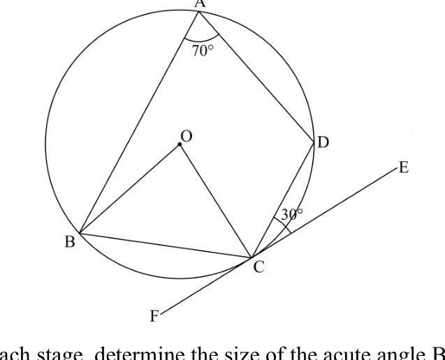 Circle centre O through A, B, C, D; tangent FCE at C; angle DCE = 30°, angle BAD = 70°.