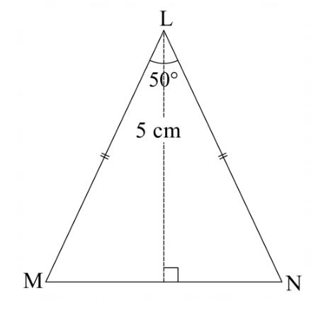 Isosceles triangle MLN with apex L, apex angle 50°, height 5 cm to base MN.