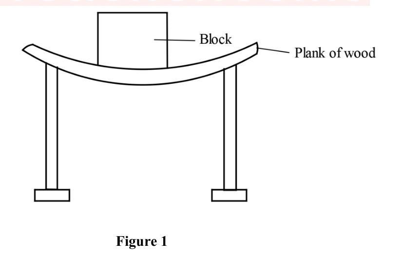 Figure 1: a block resting at the middle of a plank that sags between two supports.